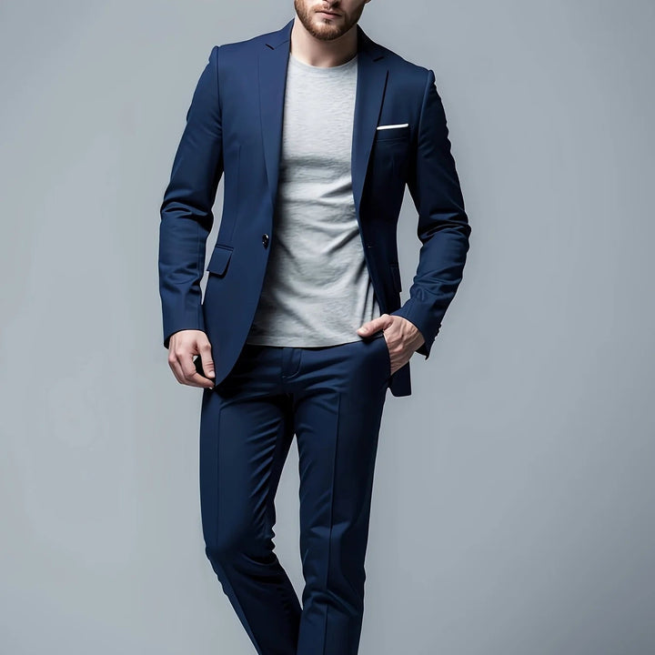Back view of the mens slim fit suit jacket and matching trousers