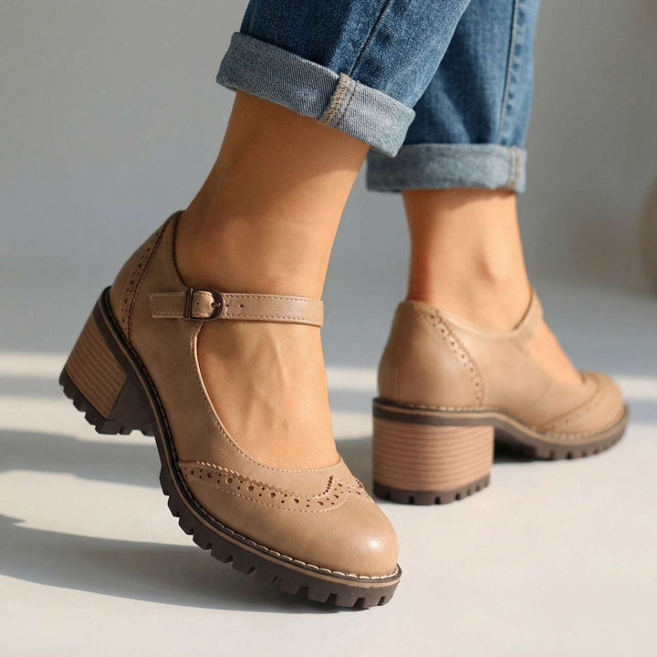 Beige women's casual Mary Jane shoes showcasing non-slip outsole and block heel