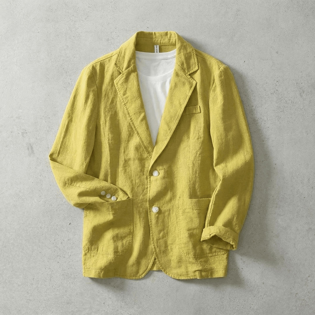 Yellow men's tailored blazer jacket showcasing button details and lapels