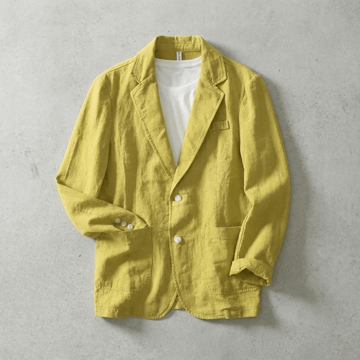Yellow men's tailored blazer jacket showcasing button details and lapels