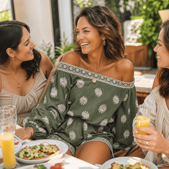 Close-up of women enjoying brunch wearing the Sage Green coordinated set