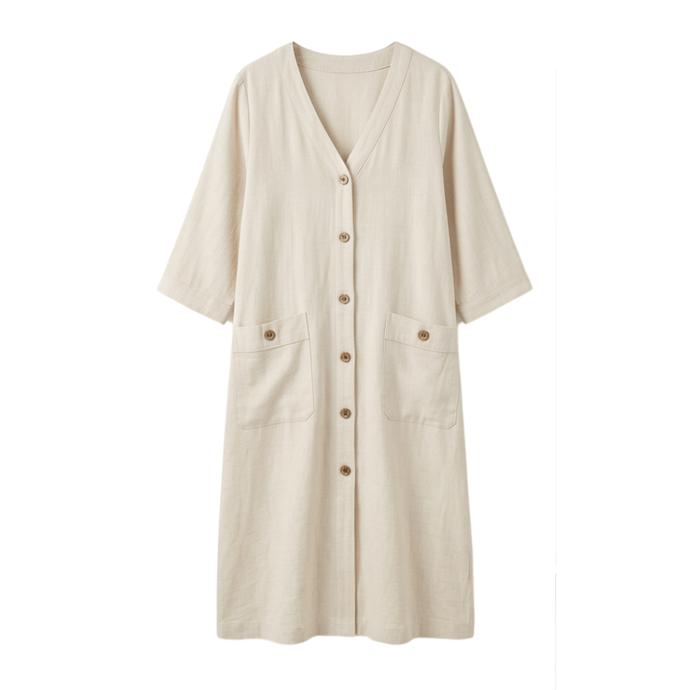 Studio shot of the cream colored button-front midi dress