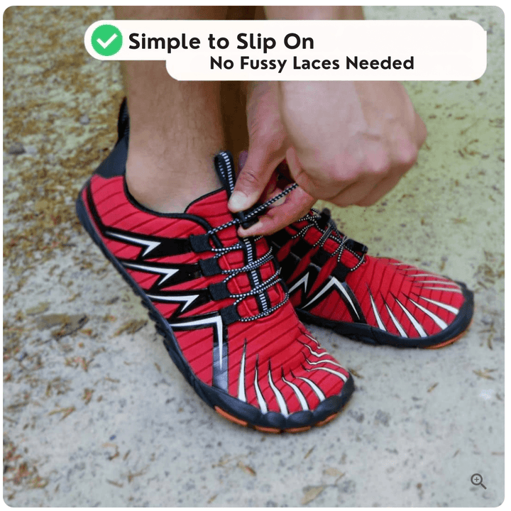 Close-up of the secure toggle lacing system on lightweight barefoot athletic shoes