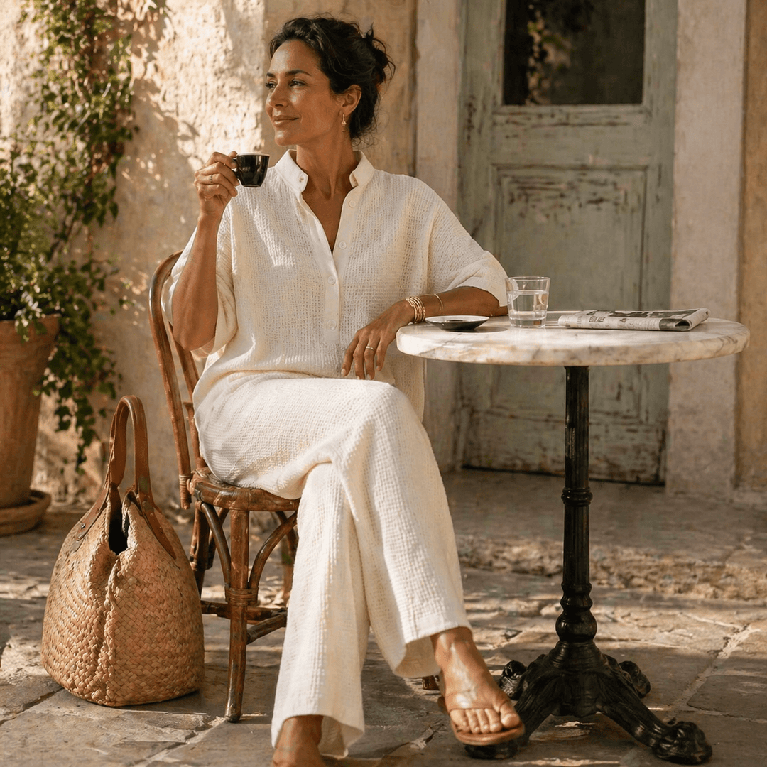 Woman sitting at a café table wearing an ivory waffle-knit lounge set