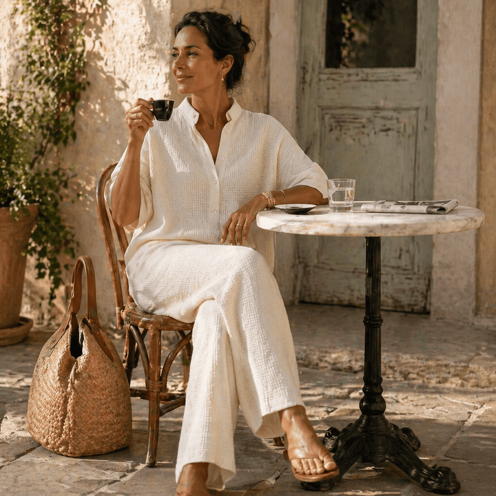Woman sitting at a café table wearing an ivory waffle-knit lounge set