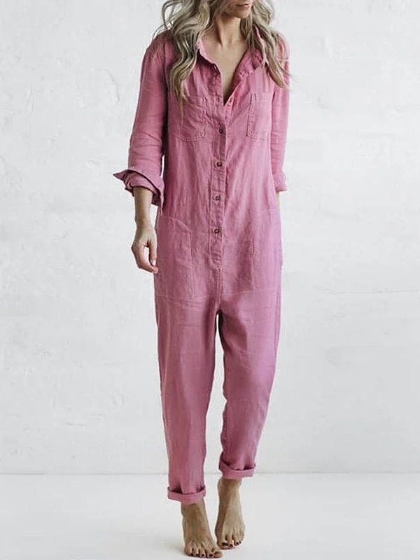 Woman wearing a pink button-front ankle-length jumpsuit