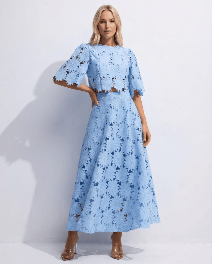 Floral lace two-piece midi party dress in a stylish cocktail design