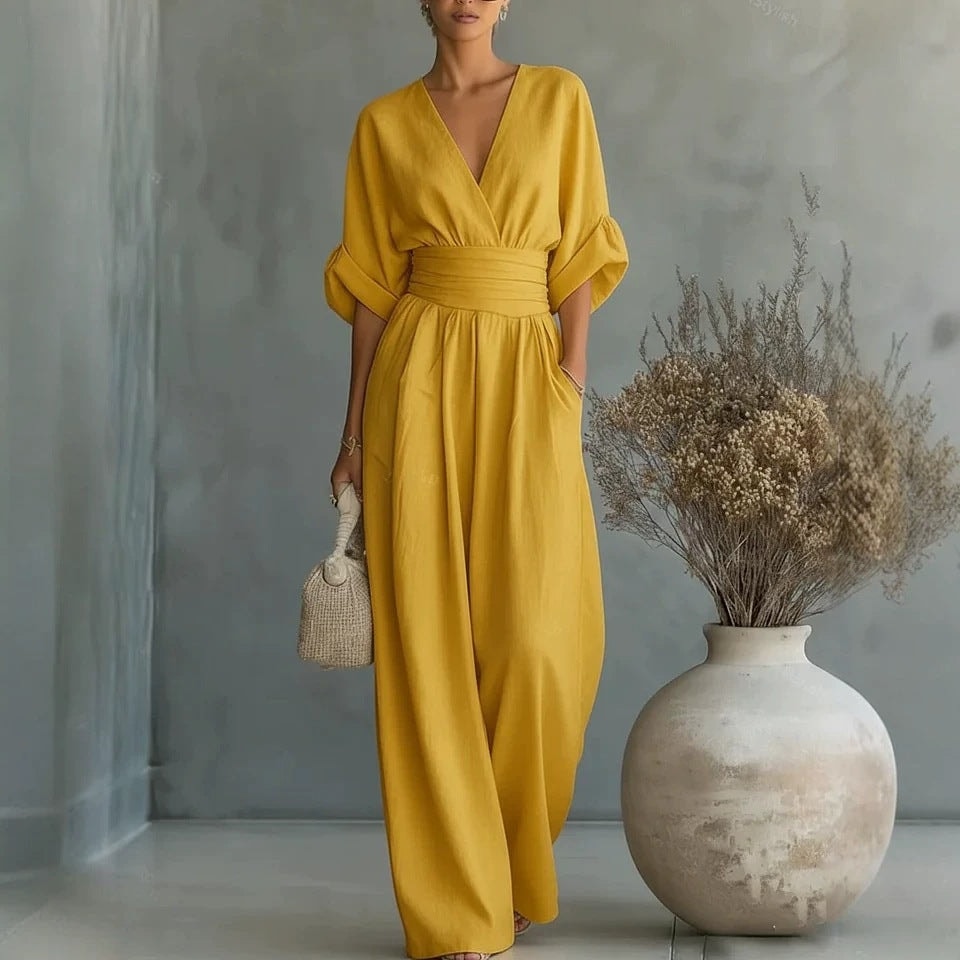 Women's V-neck wrap jumpsuit with balloon sleeves in solid color