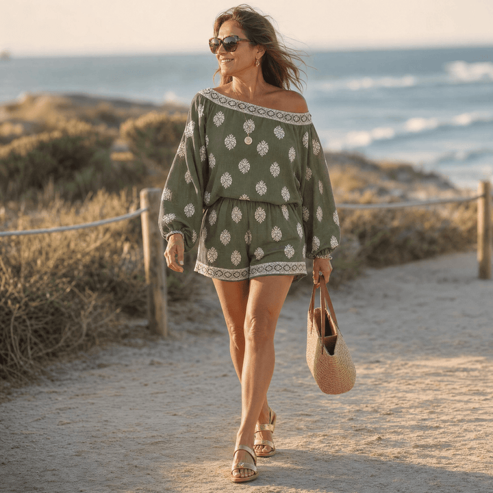 Boho off-shoulder two-piece set top showcasing detailed floral print and relaxed fit