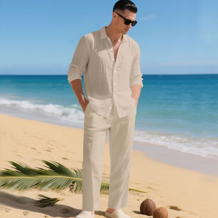 Detailed close-up of fabric texture and stitching on men's casual two-piece summer outfit