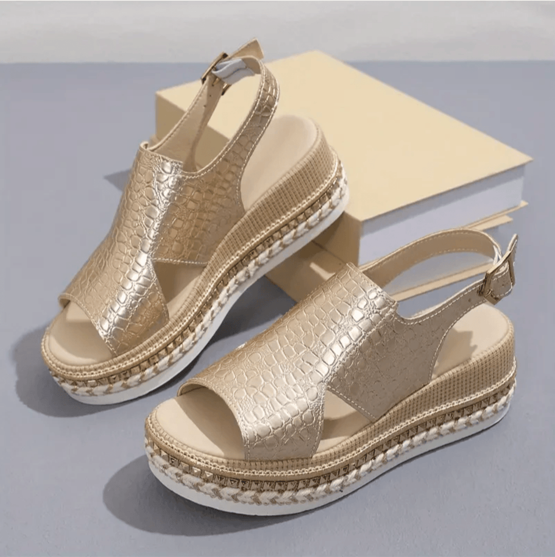 Gold metallic orthopedic wedge platform sandals for women, side profile