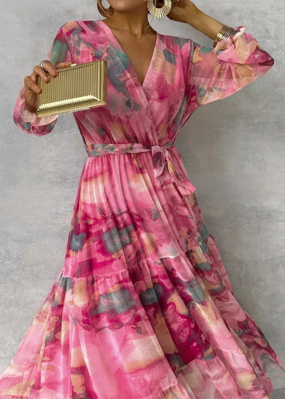 Long sleeve floral wrap maxi dress for women, ideal as a summer party and wedding guest dress