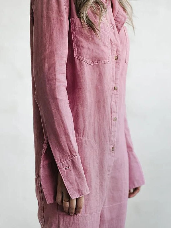 Womens relaxed fit utility jumpsuit featuring a classic button-front design and casual style