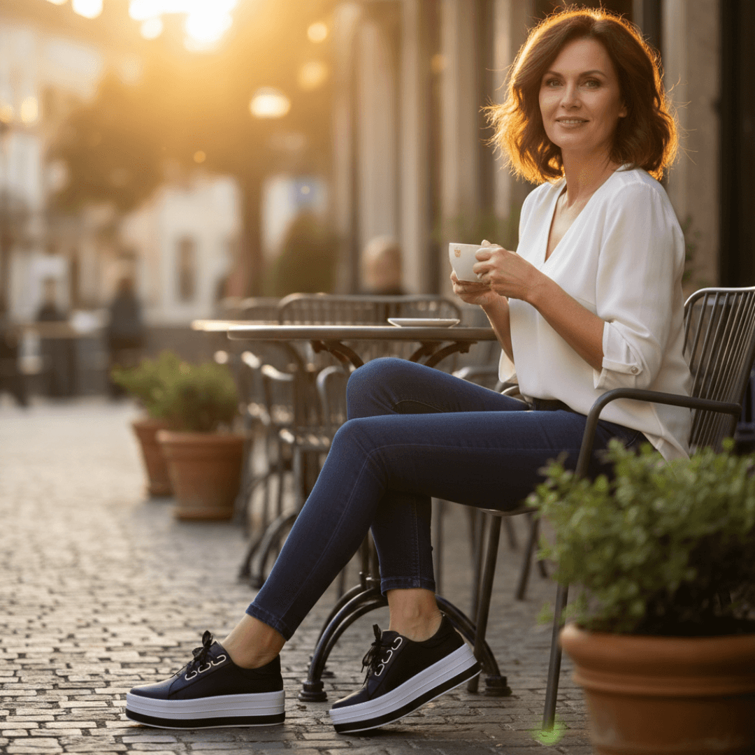 Side view of women's black platform sneakers showcasing cushioned sole and design