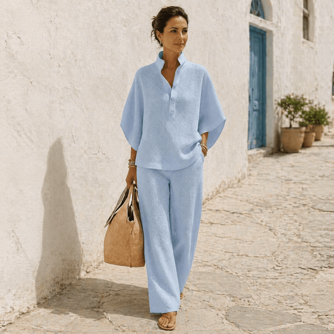 Women's waffle-knit two-piece lounge set in soft fabric
