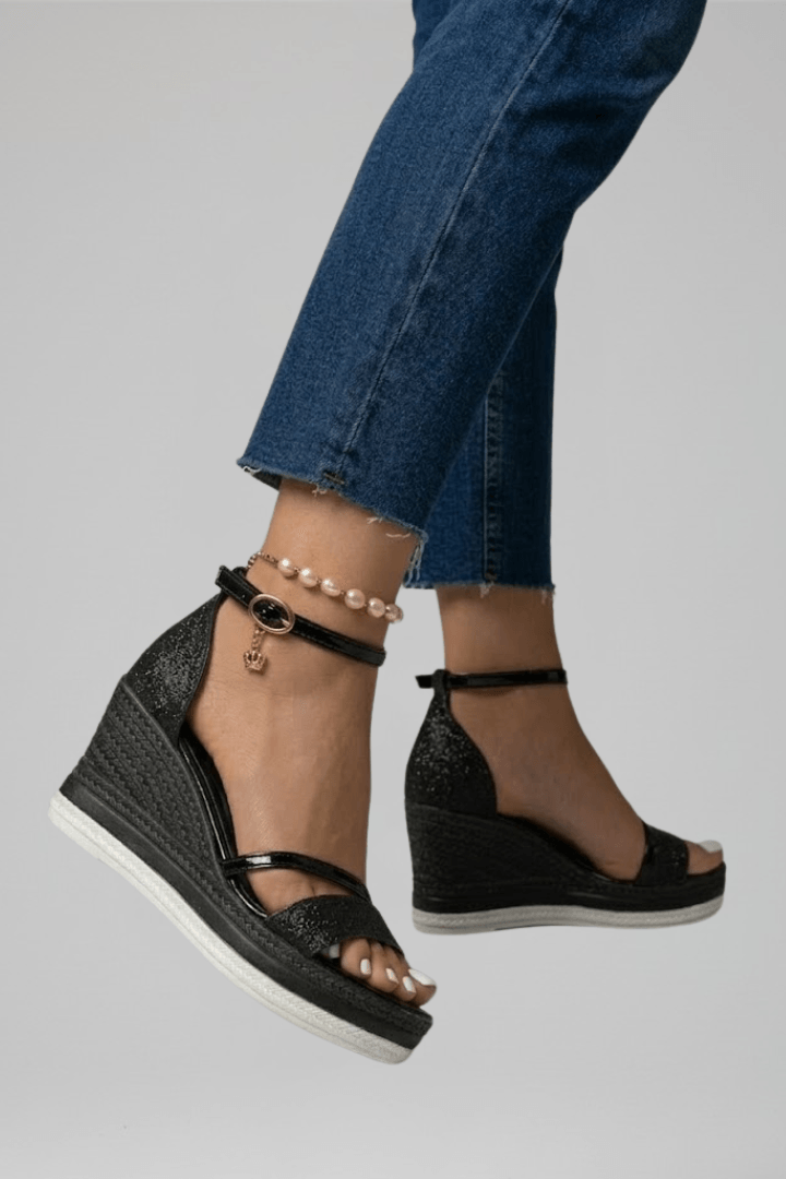 Side profile of women's comfortable wedge sandals with ankle strap and platform sole