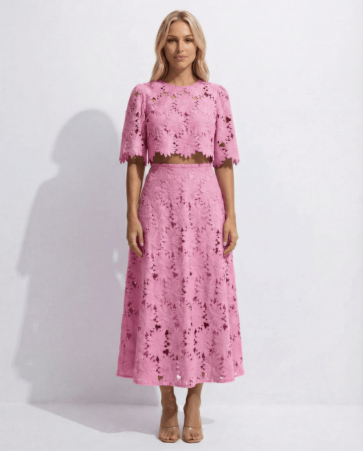 Close-up view of delicate floral lace pattern on women party dress