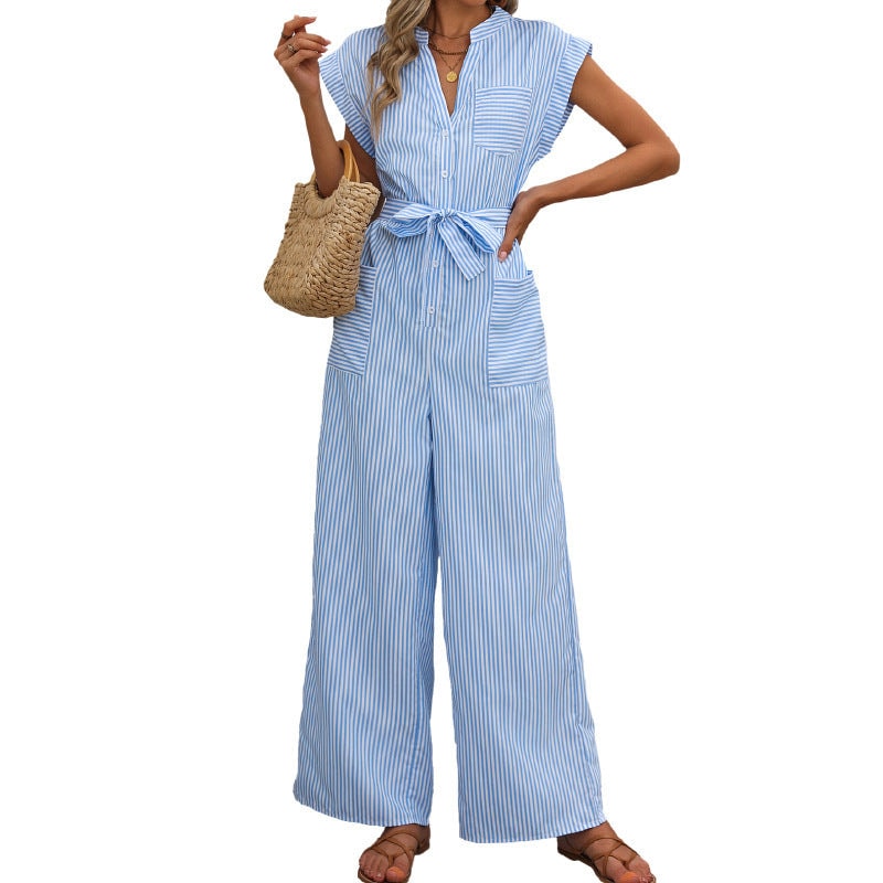 Close-up of tie waist detail on casual striped wide-leg palazzo jumpsuit