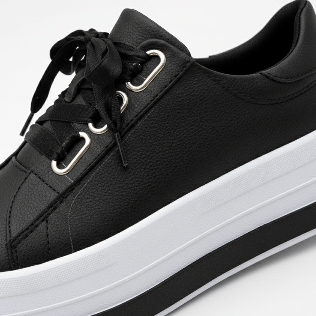 Close-up of metallic eyelets and laces on stylish women's fashion sneakers