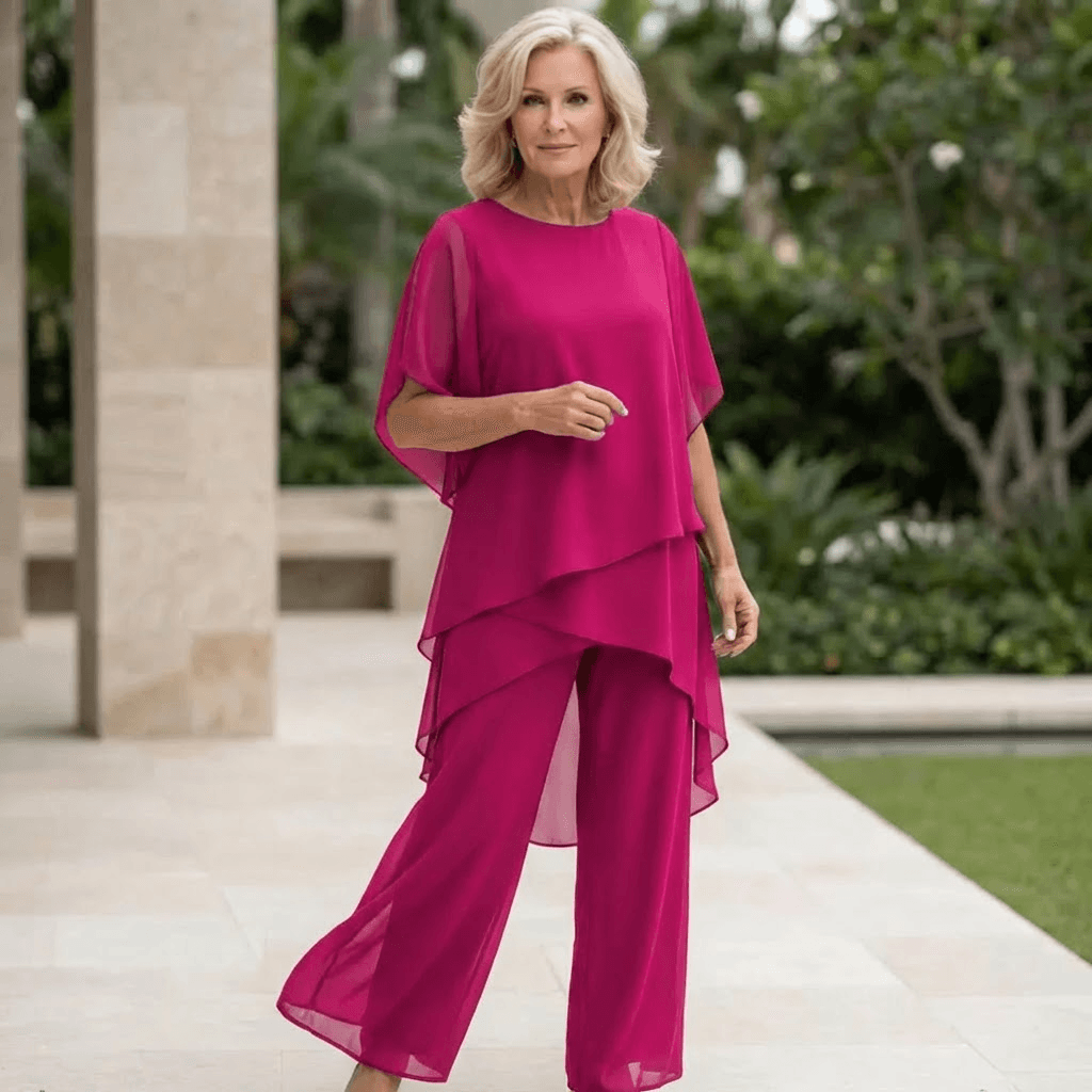 Back view of the sophisticated two piece outfit for women showing the seamless tailoring
