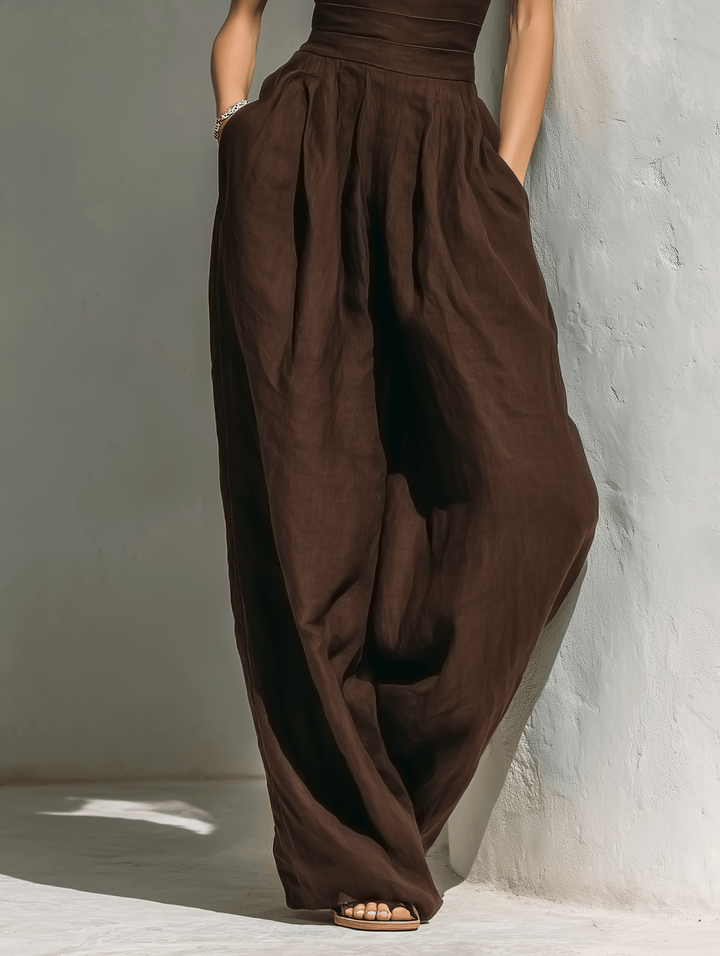 Close-up of v-neckline and fabric texture on casual summer women's jumpsuit