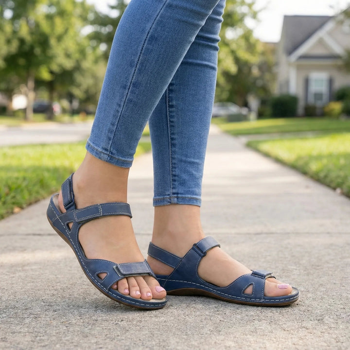 Close-up of adjustable strap on comfortable summer wedge sandal for women