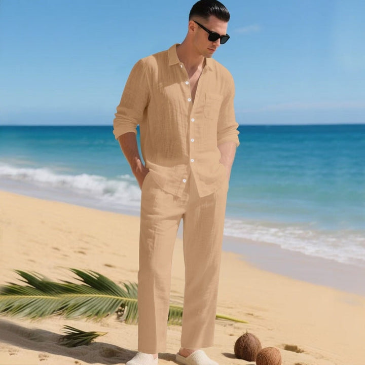 Back view of men's casual matching two-piece clothing set showing relaxed fit and design