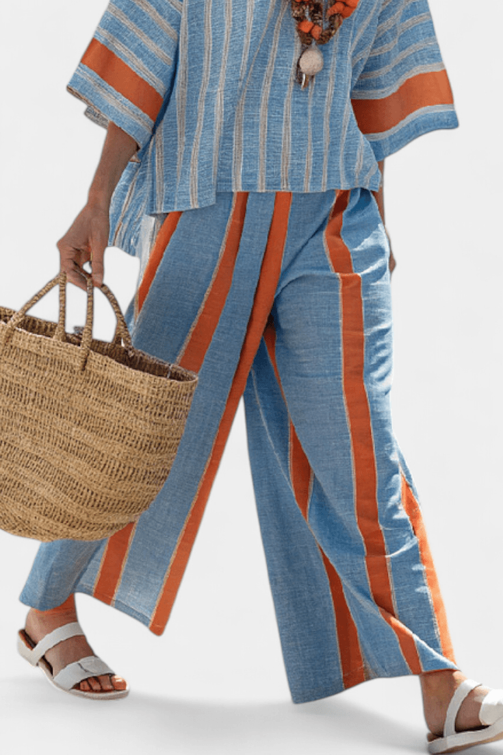 Close-up fabric detail of summer striped matching set for women fashion
