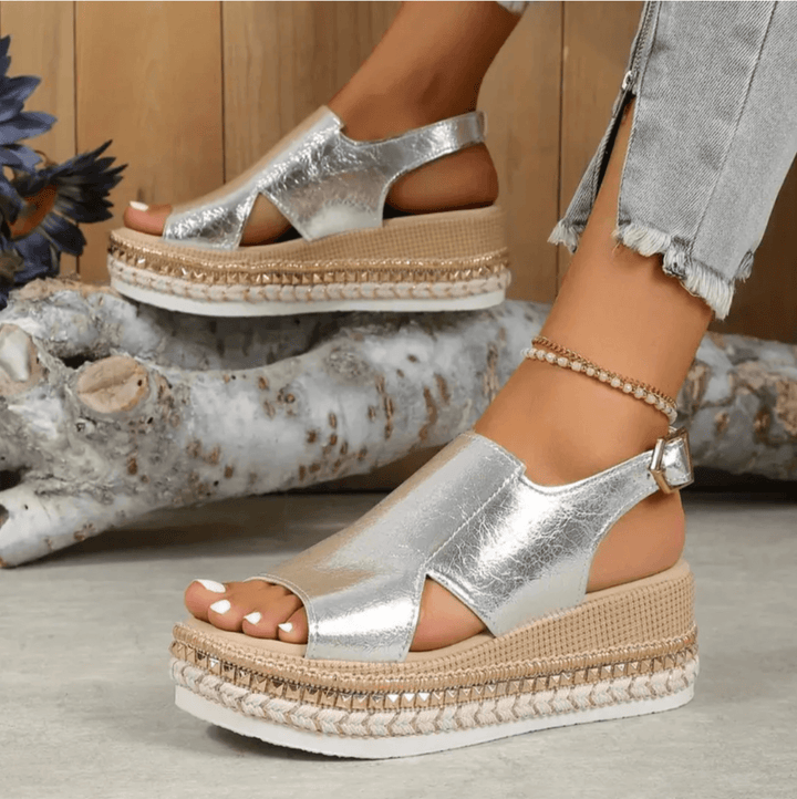 Silver summer platform wedge shoes with supportive orthopedic sole