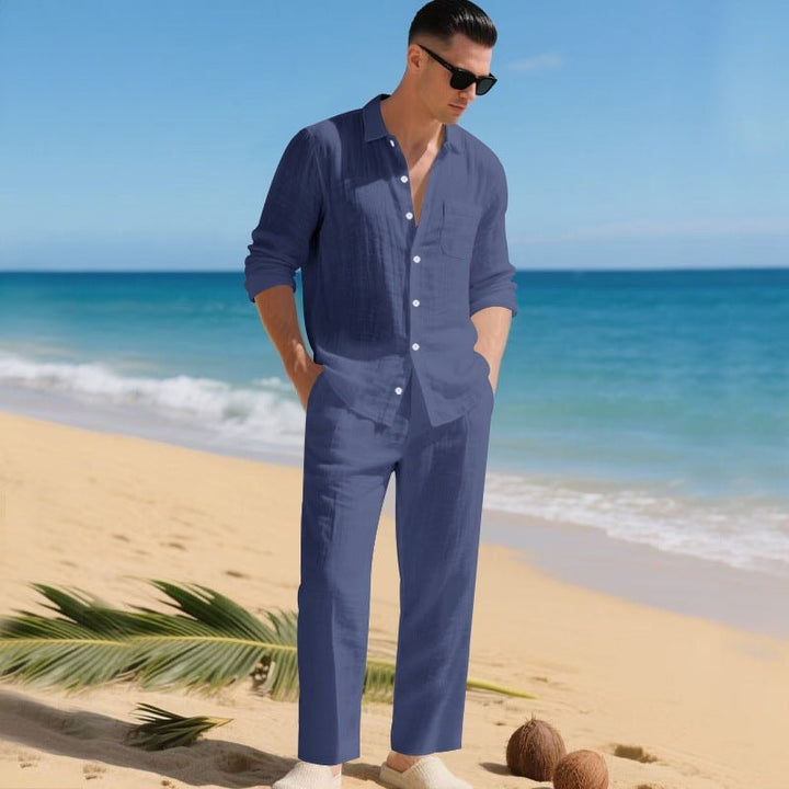 Men's summer loungewear coordinated set styled with minimalist accessories for daily wear