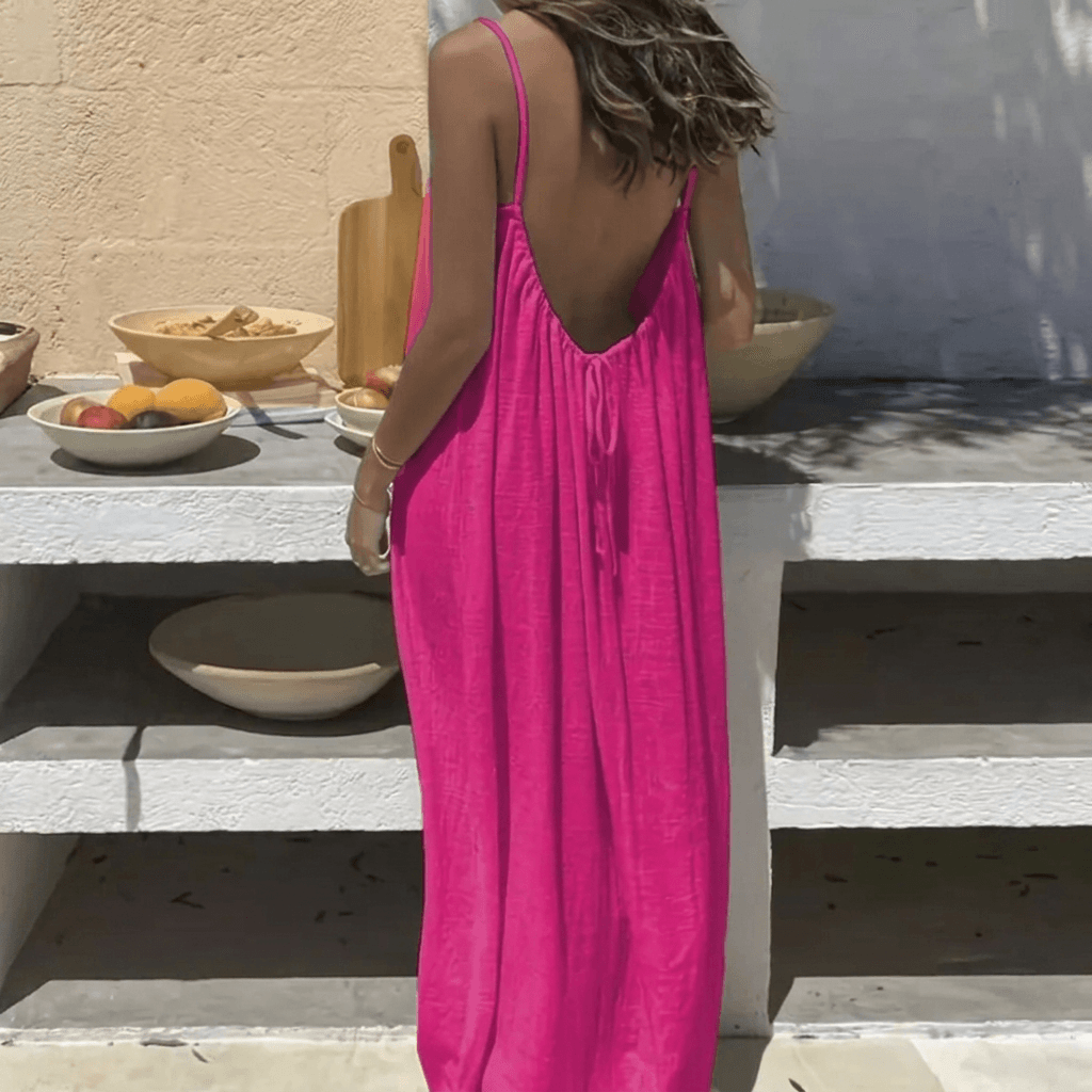Side profile of a comfortable women's summer holiday maxi dress