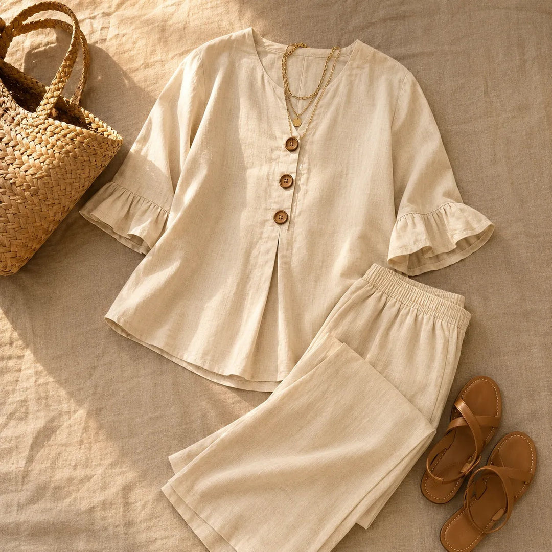 Back view of the relaxed fit coordinated set showing the elegant drape