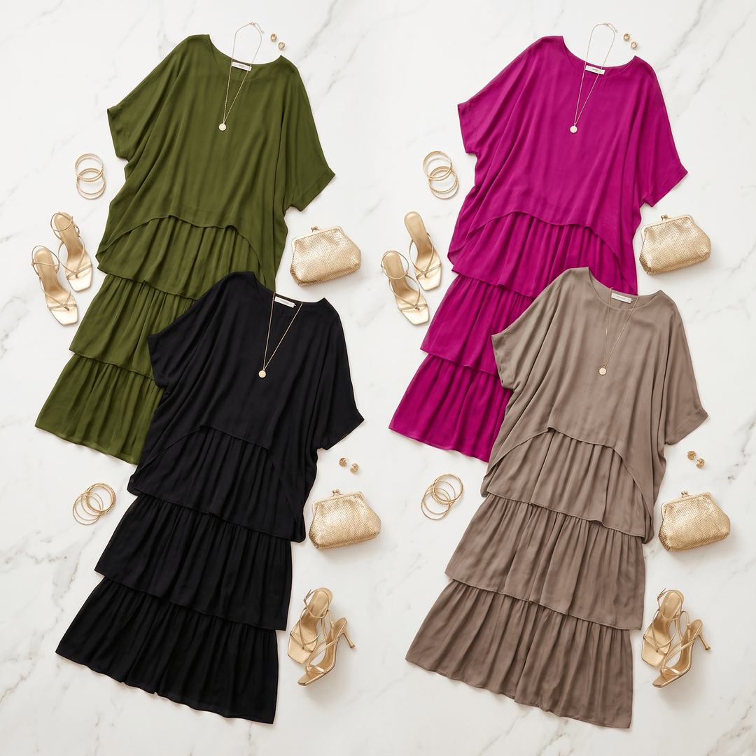 Back view of flowing tiered midi-to-maxi dress for women