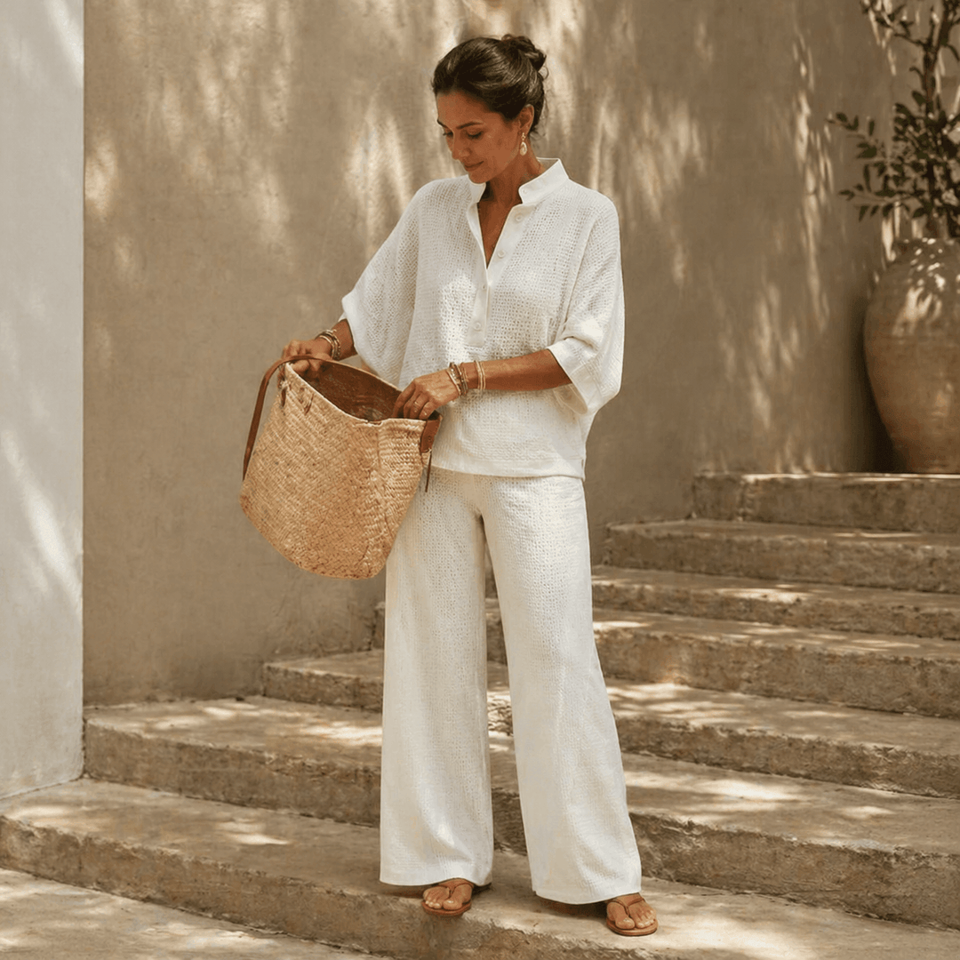 High-waisted wide leg pants from a womens travel wear set