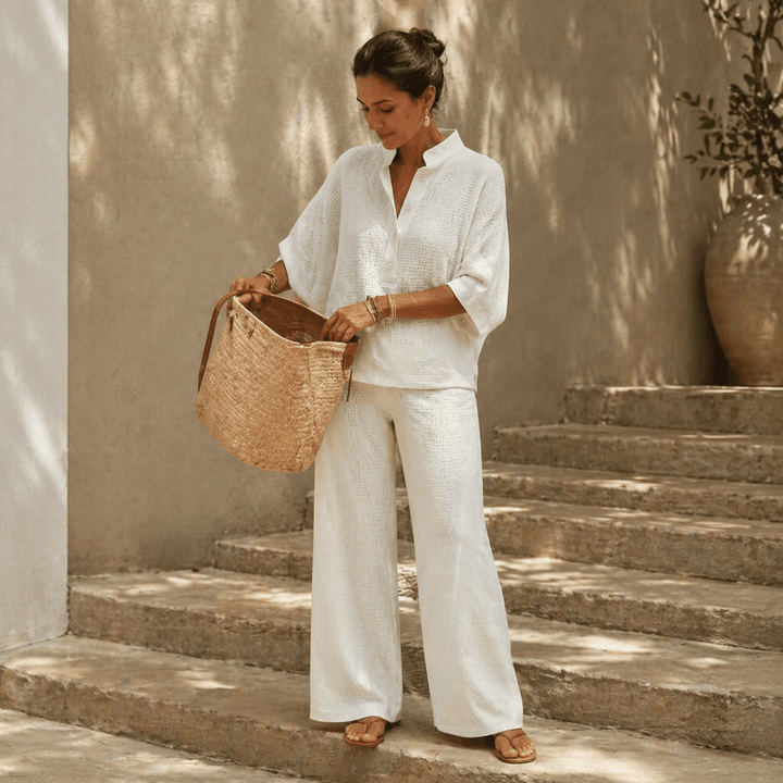 High-waisted wide leg pants from a womens travel wear set