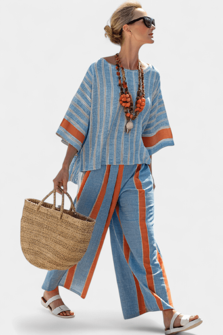 Stylish travel outfit featuring womens striped co-ord set and trousers