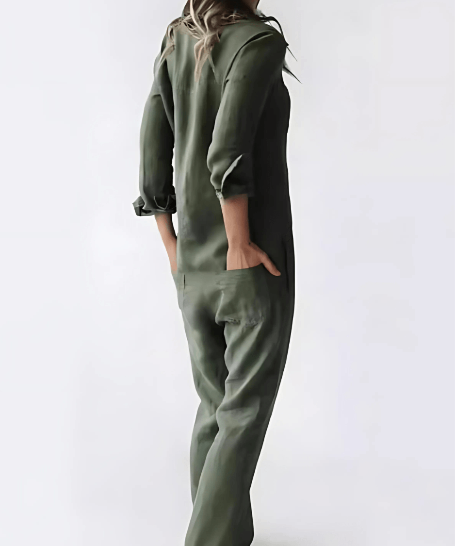 Side view of a comfortable casual one-piece utility jumpsuit for women