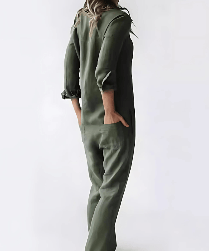 Side view of a comfortable casual one-piece utility jumpsuit for women