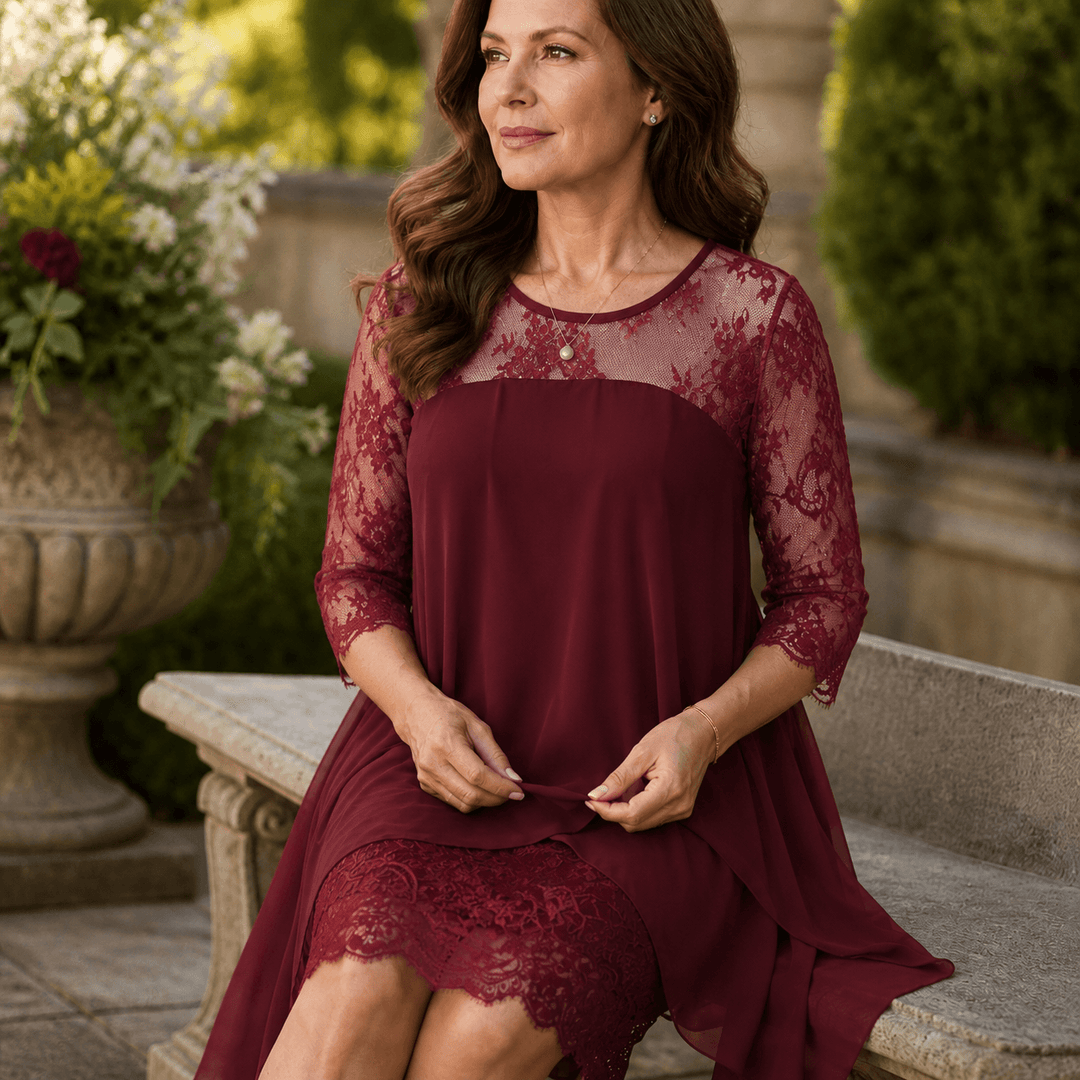 Formal wedding guest dress with floral lace and high low skirt