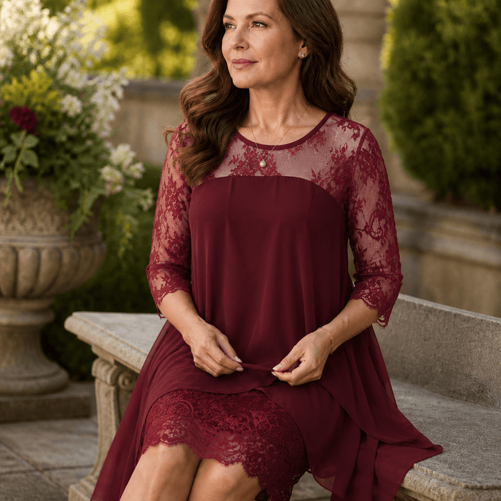 Formal wedding guest dress with floral lace and high low skirt