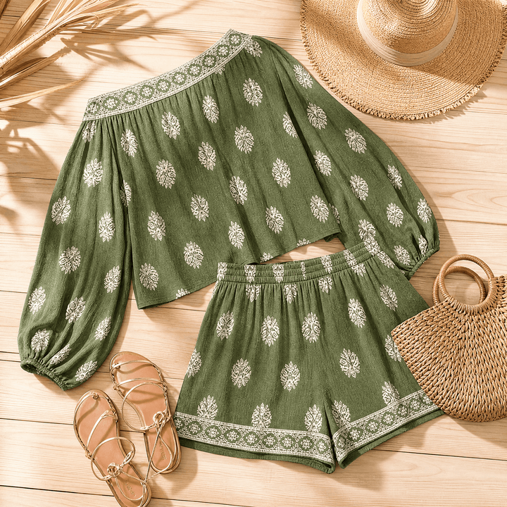 Close-up of the fabric texture and pattern on the women's boho co-ord set