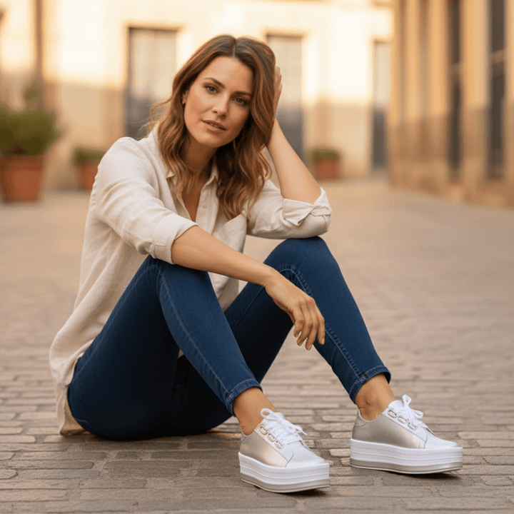 Back view of comfortable walking shoes for women with thick platform heels