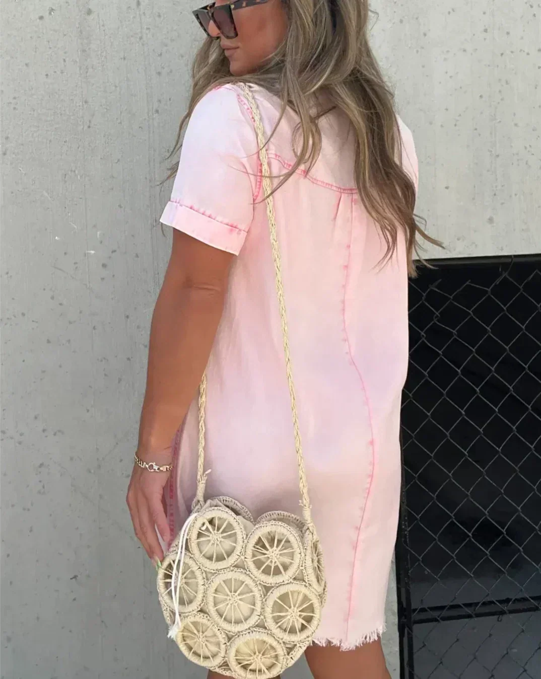 Stylish pink button-front denim shirt dress for women's everyday fashion