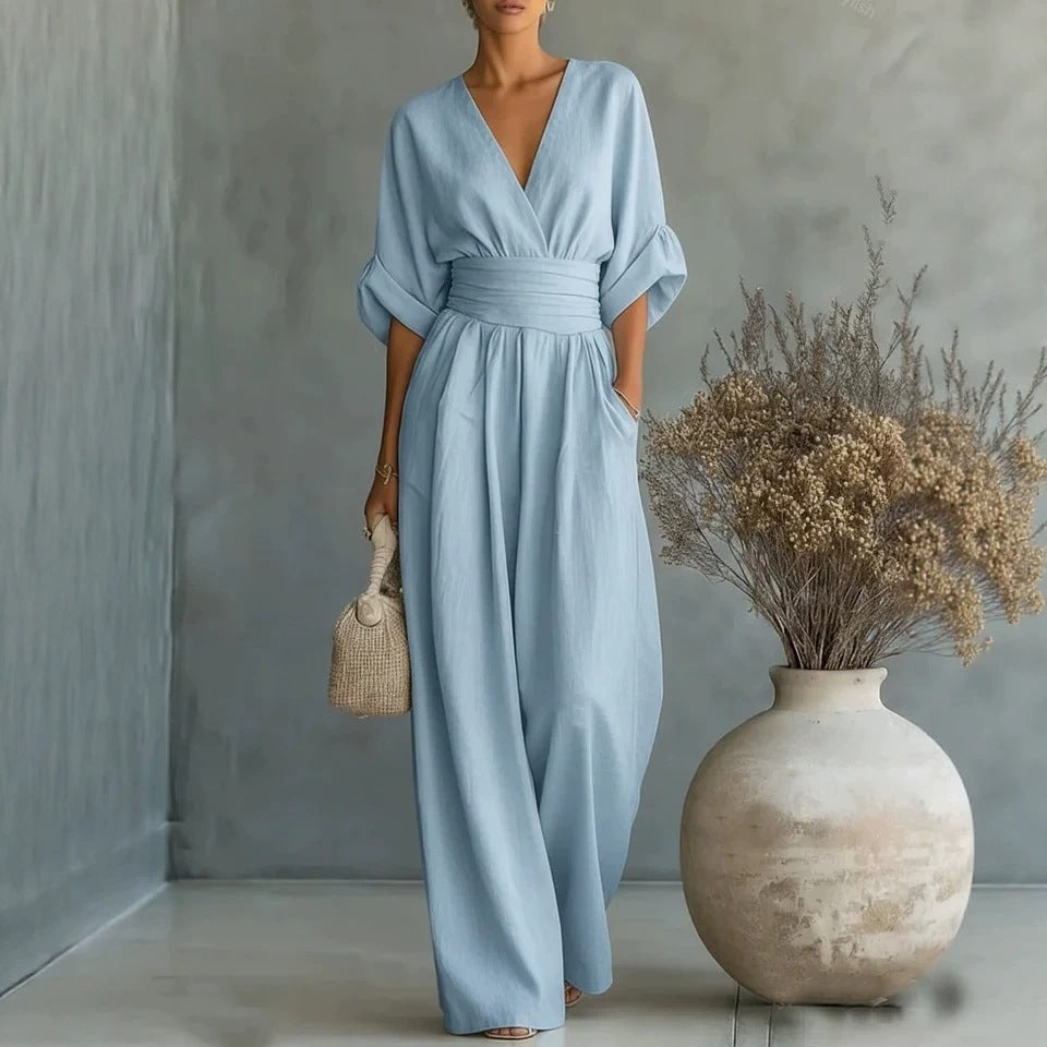 Plus size summer fashion wide-leg jumpsuit with elastic cuffs