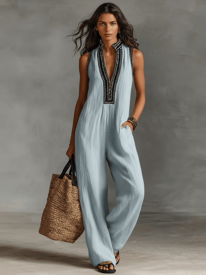 Fabric texture and pattern close-up of women's wide leg casual jumpsuit