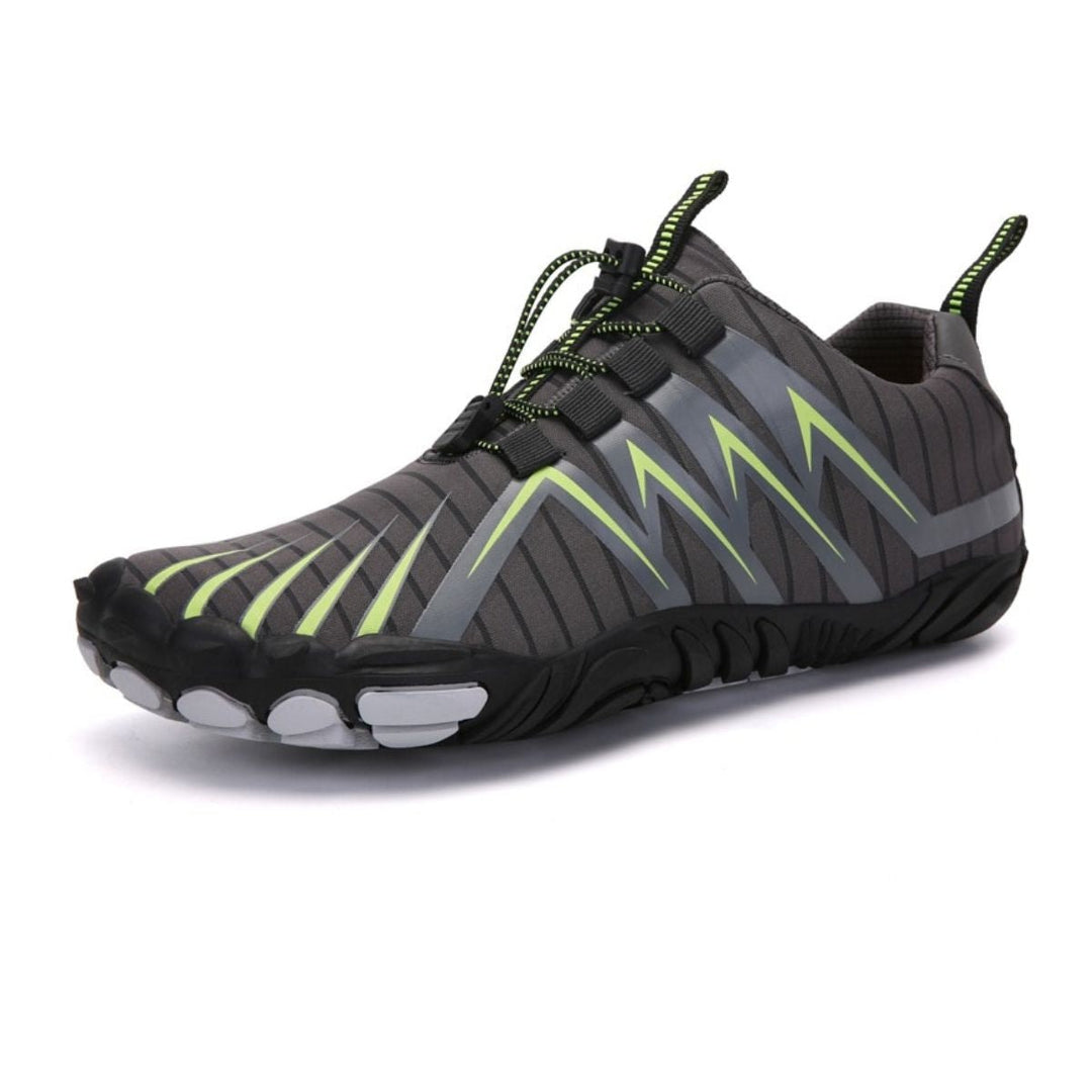 Close-up of wide toe box gym shoes showing durable grip outsole tread.
