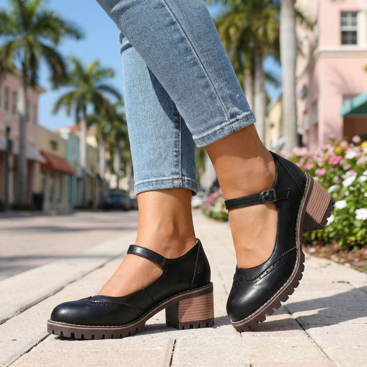 Textured outsole and durable heel view of womens casual brogue Mary Jane shoes
