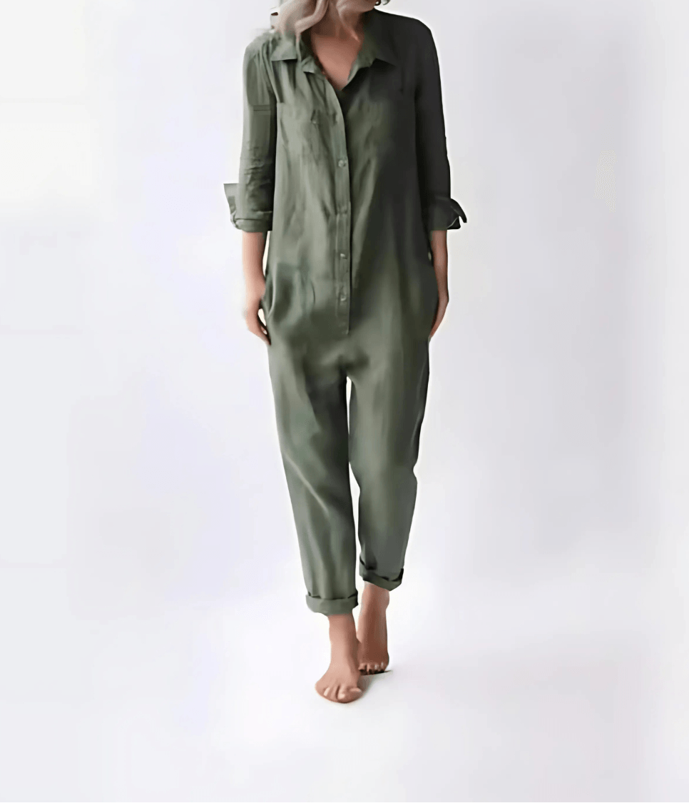 Back view of a relaxed fit womens jumpsuit showcasing utility pockets and tailoring
