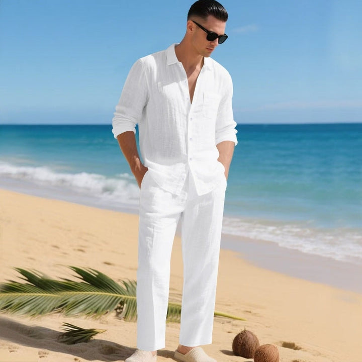Close-up of elastic waistband and pocket detail on men's casual summer clothing set
