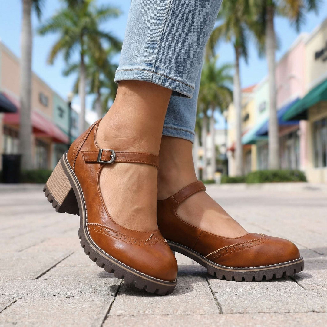 Top down view of womens comfort shoes showing cushioned insoles and toe design